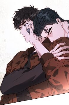 Rule 34 | 2boys, black eyes, black hair, black shirt, blush, brown jacket, choi wonjun (mang-jong), closed eyes, commentary request, couple, dotted background, hand on another's head, hand on another's shoulder, highres, hkmi, hug, hug from behind, jacket, kim ieum (mang-jong), korean commentary, leaning on person, long sleeves, looking to the side, male focus, mang-jong, multiple boys, muscular, muscular male, official art, profile, shirt, short hair, simple background, upper body, white background, yaoi