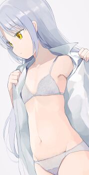 1girl angel_beats! bra breasts closed_mouth cowboy_shot dutch_angle flat_chest grey_background grey_bra grey_hair grey_panties groin hiroki_(yyqw7151) lace lace-trimmed_bra lace-trimmed_panties lace_trim loli long_hair navel open_clothes open_shirt panties print_bra shirt simple_background small_breasts solo stomach tachibana_kanade underwear undressing white_background white_bra white_panties white_shirt yellow_eyes