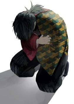 1boy belt black_hair black_jacket black_pants black_socks demon_slayer_uniform full_body haori head_down henp_12 highres jacket japanese_clothes kikkoumon kimetsu_no_yaiba kneeling long_hair low_ponytail male_focus pants ponytail print_haori red_haori shadow simple_background socks solo spiked_hair tomioka_giyuu white_background white_belt