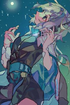 1girl belt black_dress blue_belt blue_eyes blue_sky closed_mouth commentary_request cowboy_shot dress expressionless fingernails full_moon grey_hair grey_nails headset highres jacket jacket_on_shoulders long_hair looking_afar moon original profile shinjitsu_no_kuchi sky solo star_(sky) starry_sky white_jacket zipper