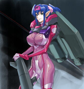 1girl blue_hair bodysuit breasts covered_erect_nipples covered_navel cowboy_shot female_focus from_side giant giantess gloves green_eyes gunpod hair_between_eyes hair_ribbon headband high_ponytail huge_breasts klan_klein large_breasts light_smile long_hair looking_to_the_side macross macross_frontier makacoon mecha_musume meltrandi own_hands_together pantyhose pilot_suit pointy_ears ponytail purple_bodysuit ribbon short_hair short_ponytail sidelocks skin_tight smile solo spacesuit standing super_pack turtleneck very_long_hair vf-25 zentradi