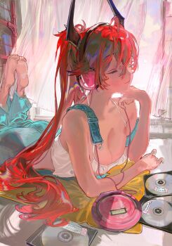 1girl barefoot closed_eyes curtains goddess_of_victory:_nikke headphones horns lying on_stomach red_hair red_hood_(nikke) tamomoko