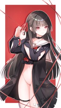 1girl arm_cutout black_choker black_hair black_jacket black_panties black_serafuku black_shirt border bottomless chinese_commentary chisa_(wuthering_waves) choker cleft_of_venus closed_mouth clothing_cutout collarbone commentary_request cowboy_shot crop_top hair_ribbon highres jacket large_variant_set long_hair long_sleeves looking_at_viewer midriff mole mole_under_eye nauuj neckerchief panties pussy red_background red_eyes red_neckerchief red_ribbon ribbon sailor_collar school_uniform serafuku shirt smile solo thigh_strap thighs uncensored underwear variant_set white_border white_sailor_collar wuthering_waves