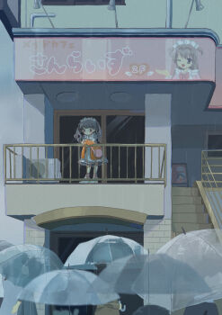 1girl absurdres against_railing ariake_(shiroan_koshian) bag balcony black_hair blurry blurry_foreground building commentary condenser_unit crowd day dress grey_dress handbag highres holding holding_umbrella jacket jacket_partially_removed long_hair maid maid_cafe maid_headdress orange_jacket original outdoors people railing rain red_eyes sign solo_focus stairs standing symbol-only_commentary transparent transparent_umbrella twintails umbrella wide_shot
