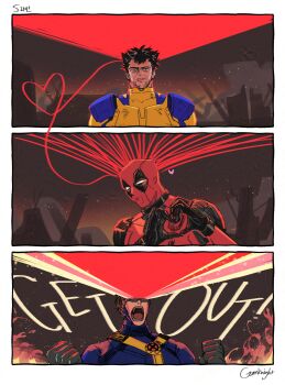 3boys absurdres avengers:_doomsday beard black_hair bodysuit commentary_request cyclops_(x-men) deadpool deadpool_&amp;_wolverine deadpool_(series) facial_hair gomknight highres korean_commentary marvel multicolored_bodysuit multiple_boys muscular muscular_male red_bodysuit red_mask smile superhero_costume sword sword_on_back two-tone_bodysuit weapon weapon_on_back wolverine_(x-men) x-men yellow_bodysuit