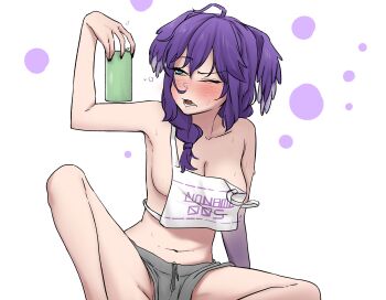 1girl absurdres ahoge alcohol arm_up asymmetrical_arms bare_shoulders black_nails blue_eyes blush braid breasts bubble can cleavage collarbone dotted_background dragon_girl drink_can drunk fang grey_shorts half-closed_eye head_wings highres holding holding_can looking_at_object medium_breasts medium_hair nail_polish navel nijisanji nijisanji_en no_bra one_eye_closed open_mouth purple_hair purple_wings race_bib selen_tatsuki short_shorts shorts sideboob simple_background single_braid sitting skin_fang solo strap_slip sweat teeth virtual_youtuber white_background wings yarashi_thought
