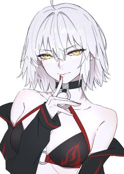 1girl bare_shoulders bikini black_bikini black_choker breasts choker collarbone commentary_request fate/grand_order fate_(series) fingernails highres jeanne_d'arc_(fate) jeanne_d'arc_alter_(fate) looking_at_viewer medium_breasts medium_hair o-ring o-ring_bikini pale_skin red_nails ri_o_ne_su simple_background solo swimsuit upper_body white_background white_hair yellow_eyes