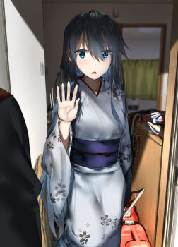 1boy 1girl araido_kagiri black_hair blue_eyes cabinet cardboard clutter commentary_request curtains doorway eyes_visible_through_hair floral_print focused gas_can gradient_hair hair_between_eyes highres indoors jacket japanese_clothes jerry_can kimono long_hair long_sleeves multicolored_hair obi open_mouth original sash shadow switch umbrella waving wide_sleeves yuki_onna