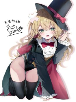 1girl @_@ all_fours arm_up black_boots black_cloak black_hat black_jacket black_leotard black_thighhighs blonde_hair boots bow bowtie brown_vest c10h14n2 cloak commentary_request commission dizzy green_eyes hat highleg highleg_leotard injury jacket leotard leotard_under_clothes long_hair looking_at_viewer multicolored_cloak open_mouth original phantom_thief phantom_thief_(kkmomo67) red_bow red_bowtie red_cloak shirt skeb_commission solo thigh_boots thighhighs thighs top_hat two-sided_cloak two-sided_fabric two-tone_cloak vest white_shirt