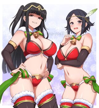 2girls arm_under_breasts bell bikini black_hair bow breasts christmas cleavage commentary_request fire_emblem fire_emblem_awakening fire_emblem_heroes green_bow grey_eyes grin hands_on_own_hips highres large_breasts long_hair looking_at_viewer mother_and_daughter multiple_girls navel nintendo noire_(fire_emblem) red_bikini santa_bikini santa_costume short_hair smile stomach surippa1010 swimsuit tharja_(fire_emblem) very_long_hair