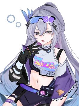 Rule 34 | 1girl, air bubble, bare shoulders, black bra, black jacket, black shorts, bra, bubble, commentary request, crop top, cropped jacket, drill hair, eyewear on head, goggles, goggles on head, grey eyes, grey hair, highres, honkai: star rail, honkai (series), jacket, kyura ru, long hair, navel, open mouth, ponytail, shorts, silver wolf (elation) (honkai: star rail), silver wolf (honkai: star rail), solo, sports bra, tearing up, underwear, yawning