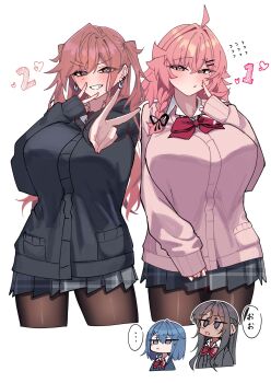 ... 4girls :&lt; :o ahoge black_cardigan black_hair blue_hair bow bowtie braid breasts cardigan chibi chibi_inset closed_mouth commentary_request cropped_legs dark-skinned_female dark_skin earrings flying_sweatdrops grey_skirt grin gyaru heart highres huge_breasts jewelry kogal konno_you_(warabi_mochi_(w4rabimochi)) kozakura_men_(warabi_mochi_(w4rabimochi)) long_hair miniskirt mole mole_under_eye multiple_girls multiple_moles open_mouth original pink_cardigan pink_hair plaid_clothes plaid_skirt pleated_skirt red_bow red_bowtie school_uniform short_hair side_braid skirt smile speech_bubble spoken_ellipsis two_side_up usumi_nodoka_(warabi_mochi_(w4rabimochi)) warabi_mochi_(w4rabimochi) watadono_airu