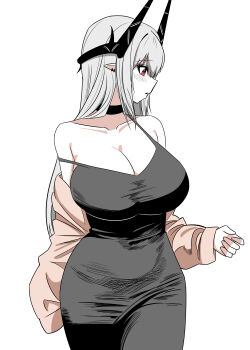 1girl absurdres ambience_synesthesia arknights bare_shoulders black_dress black_horns blush breasts choebal1356201 cleavage collarbone commentary dress grey_hair hatching_(texture) highres horns huge_breasts linear_hatching long_hair mudrock_(arknights) mudrock_(obsidian)_(arknights) off_shoulder official_alternate_costume parted_lips pointy_ears profile red_eyes simple_background solo strap_slip white_background