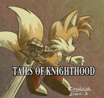 1boy animal_ears armor blonde_hair blue_eyes child fox fox_boy fox_ears fox_tail gloes highres multiple_tails running sega shoes socks solo sonic_(series) sonic_and_the_black_knight sword tail tailchana tails_(sonic) two_tails weapon yellow_fur