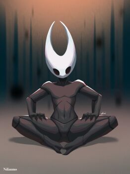 1girl arthropod_girl artist_name black_eyes black_skin blank_eyes blurry blurry_background colored_skin female_focus flat_chest full_body furry furry_female hands_on_own_thighs highres hollow_knight hollow_knight:_silksong hornet_(hollow_knight) indian_style knees_apart_feet_together navel nifaumo signature sitting solo stomach straight-on watermark