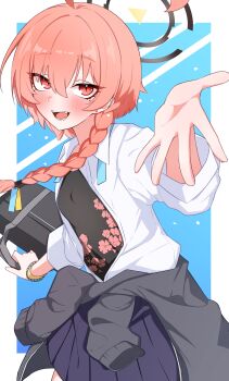 1girl absurdres ahoge bag black_jacket black_shirt blue_archive blue_background blue_skirt blush bracelet braid clothes_around_waist earrings floral_print floral_print_shirt hair_ornament hair_tie halo highres huge_ahoge jacket jacket_around_waist jewelry medium_hair mole mole_under_each_eye mole_under_eye multiple_moles neru_(blue_archive) neru_(school_uniform)_(blue_archive) offering_hand open_clothes open_mouth open_shirt orange_hair reaching red_eyes school_bag school_uniform shirt short_hair side_braid skirt slit_pupils smile solo standing suga_kiiha unbuttoned unbuttoned_shirt undershirt white_shirt