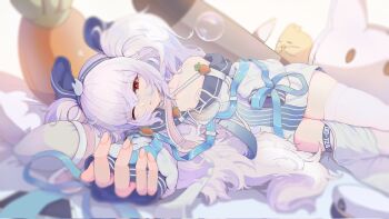 1girl animal_ear_hairband animal_ears azur_lane blurry_edges commentary_request crossed_bangs fake_animal_ears hairband highres laffey_(azur_lane) laffey_ii_(azur_lane) long_hair looking_at_viewer lying manjuu_(azur_lane) off_shoulder on_side one_eye_closed rabbit_ears red_eyes solo thighhighs white_background white_thighhighs xinmo_sana