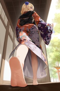 1girl absurdres ass barefoot black_sash blonde_hair blue_eyes blurry blurry_background day feet foreshortening from_below full_body gher5 girls&#039;_frontline hair_ornament hair_over_shoulder heel_up highres holding indoors japanese_clothes kimono kneepits lens_flare long_hair looking_back mg3_(girls&#039;_frontline) no_shoes obi obijime print_kimono purple_kimono red_kimono sash sidelocks soles solo torii wide_sleeves