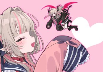 2girls black_jacket brown_hair commentary_request demon_wings floating hair_intakes heart highres jacket long_hair makaino_ririmu mini_person multicolored_hair multiple_girls nijisanji pink_background pink_jacket pointy_ears simple_background sleeves_past_fingers sleeves_past_wrists smile streaked_hair two-tone_hair virtual_youtuber wings yoe777ty