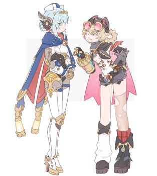 2girls android anni_(556_an) armband belt black_belt black_boots black_hat black_leotard black_shorts blonde_hair blue_cape blue_eyes blue_hair blue_hat blunt_bangs boots braid braided_hair_rings breasts brown_thighhighs cape closed_mouth frown full_body genshin_impact goggles goggles_on_head hair_bun hair_rings hand_on_own_hip hat high_heel_boots high_heels highres ineffa_(genshin_impact) jahoda_(genshin_impact) joints leotard light_smile looking_at_another loose_socks mechanical_arms medium_hair mismatched_socks multiple_girls own_hands_together pink-tinted_eyewear pink_cape prosthesis prosthetic_arm red_armband red_socks ribbed_socks robot_ears robot_girl robot_joints short_shorts shorts simple_background single_mechanical_arm single_thighhigh small_breasts socks standing thighhighs tinted_eyewear torn_clothes torn_thighhighs two-tone_hat unamused white_background white_hat white_leotard white_socks