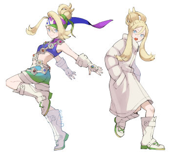 Rule 34 | 1girl, bandolier, belt, blonde hair, blue eyes, boots, breasts, closed mouth, coat, commentary request, crop top, fingerless gloves, gloves, hair between eyes, hands in pockets, highres, korrina (pokemon), long hair, mega stone, midriff, nintendo, open mouth, pokemon, pokemon legends: z-a, ponytail, shorts, simple background, sleeveless, smile, white background, white boots, white coat, yachimata 1205