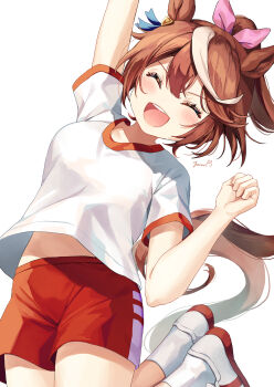 Rule 34 | 1girl, absurdres, animal ears, arm up, blush, bow, breasts, brown hair, closed eyes, commentary request, ear ribbon, gym shirt, gym uniform, hair between eyes, highres, horse ears, horse girl, horse tail, jumping, long hair, medium breasts, midriff peek, multicolored hair, open mouth, ponytail, red shorts, shirt, shoes, short sleeves, shorts, smile, socks, solo, streaked hair, tail, teeth, tokai teio (umamusume), tracen training uniform, two-tone hair, umamusume, upper teeth only, white hair, white shirt, white socks, yoru usagi