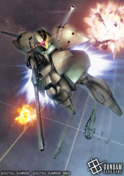 Rule 34 | akamiho, beam rifle, copyright logo, copyright name, copyright notice, energy cannon, energy gun, explosion, gabthley, glowing, glowing eyes, gun, gundam, gundam card game, holding, holding gun, holding weapon, logo, mecha, mobile suit, no humans, official art, one-eyed, red eyes, robot, science fiction, shoulder cannon, solo, space, spacecraft, thrusters, weapon, zeta gundam