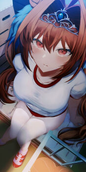 1girl absurdres animal_ears ball basketball_(object) blush breasts brown_eyes brown_hair buruma closed_mouth collarbone commentary daiwa_scarlet_(umamusume) eyes_visible_through_hair floor from_above gym_shirt gym_storeroom gym_uniform hair_intakes hair_ornament highres horse_ears horse_girl indoors knees_together_feet_apart large_breasts long_hair looking_at_viewer mat ponnu_(nikeytina) red_buruma red_eyes shirt shoes short_sleeves sitting sneakers solo tearing_up tears thighs tiara tracen_training_uniform twintails umamusume underwear vaulting_horse very_long_hair white_shirt