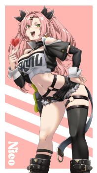 Rule 34 | 1girl, black boots, black ribbon, black shorts, boots, border, breasts, cleavage, clothing cutout, commentary request, earrings, ekakikakigouki, feet out of frame, finger heart, fur-trimmed shorts, fur trim, green eyes, hair ornament, hairclip, hand on own hip, heart, heart earrings, highres, jewelry, large breasts, long hair, looking at viewer, micro shorts, midriff, mole, mole on breast, mole under eye, navel, nicole demara, open mouth, pink background, pink hair, ribbon, shorts, shoulder cutout, single thighhigh, solo, strapless, thighhighs, tube top, two side up, white border, white tube top, zenless zone zero