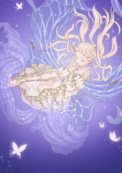 Rule 34 | 1girl, absurdres, bare shoulders, barefoot sandals (jewelry), blonde hair, blue wings, bug, butterfly, choker, closed eyes, closed mouth, commentary request, detached sleeves, dress, earrings, elves' elegy (shining nikki), expressionless, eyelashes, fairy, fairy wings, falling, flat color, forehead, frilled dress, frills, full body, highres, insect, interlocked fingers, jewelry, lace, lace choker, long hair, long sleeves, nikki (series), own hands clasped, own hands together, praying, puffy long sleeves, puffy sleeves, purple background, see-through clothes, see-through sleeves, shinichi kobe, shining nikki, solo, sparkle, strapless, strapless dress, twintails, wavy hair, white butterfly, white choker, white dress, white sleeves, wings