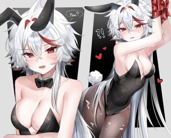 !? 1girl anger_vein animal_ears armpits arms_up black_bow black_bowtie black_leotard black_pantyhose blush bound bound_wrists bow bowtie breasts cleavage commentary crossed_bangs detached_collar double-parted_bangs english_commentary fake_animal_ears fake_tail hair_between_eyes heart highres indie_virtual_youtuber leotard long_hair looking_at_viewer medium_breasts multicolored_hair open_mouth pantyhose playboy_bunny rabbit_ears rabbit_tail red_eyes red_ribbon red_streaks ribbon sharkyyuna sharkyyuna_(vtuber) speech_bubble spoken_anger_vein strapless strapless_leotard streaked_hair sweat tail torn_clothes torn_pantyhose virtual_youtuber white_hair