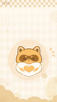 Rule 34 | absurdres, animal focus, argyle background, artist request, bibcoon (infinity nikki), circle, cloud, copyright name, head only, heart, highres, infinity nikki, logo, nikki (series), no humans, notice lines, official art, official wallpaper, outline, parted lips, raccoon, second-party source, smile, solo, straight-on, white background, white outline