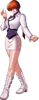 1girl boots breasts cleavage cleavage_cutout clothing_cutout dress female_focus hands_up highres huge_breasts jacket large_breasts long_hair pale_skin ponytail red_hair shermie_(kof) skirt smile the_king_of_fighters thick_thighs thighs topdog4815