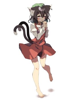 1girl ;d absurdres animal_ear_fluff animal_earrings animal_ears bare_legs barefoot blush bow bowtie brown_hair cat_ears cat_girl cat_tail check_commentary chen commentary_request full_body green_hat hair_between_eyes hat highres interlocked_fingers juliet_sleeves long_sleeves looking_at_viewer multiple_tails one_eye_closed open_mouth orange_skirt orange_vest own_hands_together puffy_sleeves seika_okawari simple_background skirt smile solo standing standing_on_one_leg tail toes touhou two_tails vest white_background white_bow white_bowtie