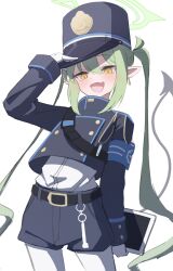 Rule 34 | 1girl, absurdres, belt, black belt, black hat, black jacket, black shorts, black tail, blue archive, blush, cowboy shot, demon tail, earrings, fang, gloves, green hair, green halo, hair between eyes, halo, hat, highlander twintails conductor (blue archive), highres, jacket, jewelry, long hair, long sleeves, navel, open mouth, pantyhose, peaked cap, pointy ears, shorts, simple background, single earring, skin fang, smile, solo, standing, tail, white background, white gloves, white pantyhose, yako mashiro, yellow eyes