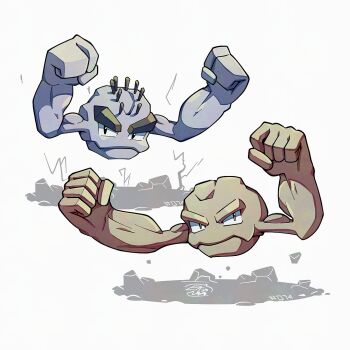 Rule 34 | alolan form, alolan geodude, commentary, english commentary, full body, gen 1 pokemon, gen 7 pokemon, geodude, looking at viewer, mistray-art, nintendo, no humans, numbered, pokemon, pokemon (creature), regional and normal, signature, simple background, white background