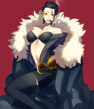 1girl black_coat black_hair black_thighhighs breasts cigar coat coat_on_shoulders commentary_request crocodile_(one_piece) earrings eyelashes genderswap genderswap_(mtf) hair_slicked_back highres hook_hand jewelry large_breasts looking_at_viewer mirin_(coene65) one_piece red_background scar scar_on_face short_hair simple_background smoking solo standing thighhighs thighs yellow_eyes
