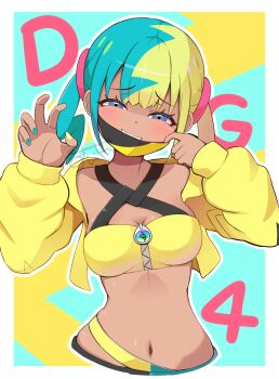 1girl aqua_eyes aqua_nails blonde_hair blue_eyes border breasts canari_(pokemon) cleavage commentary_request crop_top cropped_jacket cropped_torso highres jacket long_sleeves looking_at_viewer mask_pull medium_breasts multicolored_hair multicolored_nails navel nintendo open_clothes open_jacket outside_border pokemon pokemon_legends:_z-a qixi_cui_xing solo split-color_hair stomach twintails waving white_border yellow_jacket yellow_nails