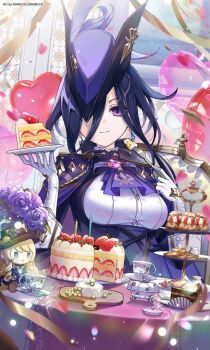 1girl ascot balloon blue_cape bouquet breasts cake cake_slice cake_stand candle cape character_doll clorinde_(genshin_impact) commentary corset cup doll earrings epaulettes flower food fork fruit genshin_impact gloves hair_between_eyes hat heart_balloon highres holding holding_fork holding_plate jewelry large_breasts long_hair navia_(genshin_impact) one_eye_covered picture_frame plate purple_ascot purple_eyes purple_flower purple_hair shirt sitting smile solo strawberry strawberry_cake table tablecloth teacup teapot teardrop_earrings vision_(genshin_impact) white_gloves white_shirt yynrzu7