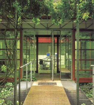 architecture bench blue_screen_of_death building ceiling_light chair commentary day door english_commentary glass highres leaf mat no_humans plant railing reflection swivel_chair tile_floor tiles vines
