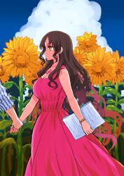 Rule 34 | 1boy, 1girl, absurdres, bead bracelet, beads, blue sky, bracelet, breasts, brown hair, chest tattoo, cleavage, closed mouth, cloud, cloudy sky, day, dress, fate/grand order, fate (series), feet out of frame, field, flower, flower field, forehead tattoo, from side, gradient hair, grey shirt, hans christian andersen (adult) (fate), hans christian andersen (fate), highres, holding, holding hands, holding paper, izumi minami, jewelry, large breasts, long dress, long hair, long sleeves, multicolored hair, orange eyes, out of frame, paper, pink dress, pink hair, sessyoin kiara, shirt, sidelocks, sky, sleeveless, sleeveless dress, solo focus, streaked hair, striped clothes, striped shirt, sunflower, sunflower field, tattoo, vertical-striped clothes, vertical-striped shirt, white shirt