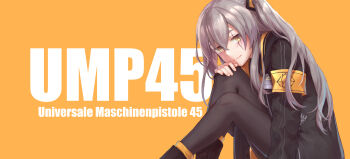 1girl 404_logo_(girls&#039;_frontline) absurdres armband blush brown_hair character_name german_text girls&#039;_frontline gloves gudrn hand_on_own_chin head_rest highres jacket long_hair looking_at_viewer one_side_up orange_background pantyhose scar scar_across_eye scar_on_face sitting skirt smile solo ump45_(girls&#039;_frontline) yellow_armband yellow_eyes