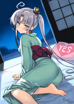 1girl ahoge akitsushima_(kancolle) artist_name beret commentary_request dutch_angle eckert&amp;eich from_behind green_kimono grey_eyes grey_hair hat highres japanese_clothes kantai_collection kimono looking_at_viewer looking_back mini_hat night side_ponytail sitting sliding_doors solo yes-no_pillow yokozuwari