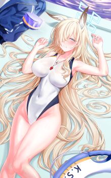 1girl absurdres animal_ear_fluff animal_ears armpits bare_arms bare_legs bare_shoulders blonde_hair blue_archive blue_eyes blue_halo blush breasts covered_navel dog_ears dog_girl hair_over_one_eye halo highleg highleg_one-piece_swimsuit highres impossible_clothes impossible_swimsuit kanna_(blue_archive) kanna_(swimsuit)_(blue_archive) large_breasts long_hair looking_at_viewer lying official_alternate_costume on_back one-piece_swimsuit sharp_teeth sidelocks solo swimsuit teeth teru_minasu