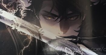 1boy aegyo_sal artbook black_eyes black_hair blackbox_(blackbox9158) close-up covered_mouth curtained_hair dragon_print heterochromia highres holding holding_sword holding_weapon looking_at_viewer male_focus official_art omniscient_reader&#039;s_viewpoint portrait serious short_hair solo sword third-party_source weapon yellow_eyes yoo_joonghyuk