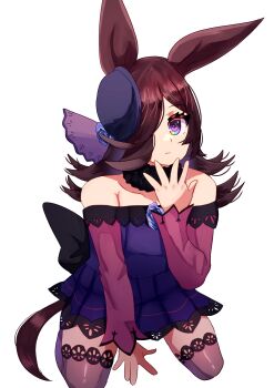 absurdres animal_ears blue_flower blue_hat blue_rose dress fascinator flipped_hair flower fur_choker hair_over_one_eye hat hat_flower highres horse_ears horse_girl horse_tail long_hair off-shoulder_dress off_shoulder rice_shower_(rosy_dreams)_(umamusume) rice_shower_(umamusume) rose suijsuji tail tilted_headwear umamusume