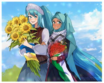 Rule 34 | 2girls, absurdres, aqua eyes, aqua hair, aqua hijab, aqua nails, blue sky, border, bouquet, cloud, cloudy sky, flower, hatsune miku, highres, hijab, hijab as hair, holding, holding bouquet, leaf, long hair, long sleeves, looking at viewer, multiple girls, palestine, parted lips, red flower, seeuchiyo, sky, smile, twintails, twitter username, ukraine, upper body, very long hair, vocaloid, white border, worldwide miku, yellow flower