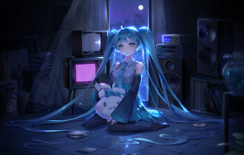 1girl :| arua backlighting black_thighhighs blue_hair blush cd cd_case cinnamoroll city closed_mouth collared_dress commentary crt curtains detached_sleeves dress expressionless fuwa_fuwa_cinnamoroll green_eyes hatsune_miku highres holding holding_stuffed_toy indoors long_hair long_sleeves moon moonlight necktie night no_shoes on_floor pleated_dress rabbit_ears_antenna radio record_jacket sanrio sitting sleeveless sleeveless_dress sleeves_past_wrists solo speaker static stuffed_toy television thighhighs tie_clip tile_floor tiles twintails vase very_long_hair vocaloid wariza window