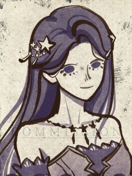 1girl bare_shoulders chinese_commentary closed_mouth collarbone commentary_request commission dress elbow_gloves eyelashes frilled_dress frilled_gloves frills gloves hair_ornament happy jewelry long_hair monochrome necklace nikki_(series) prettylamb purple_dress purple_eyes purple_gloves purple_hair purple_theme sample_watermark smile solo star_(symbol) star_hair_ornament star_necklace star_sea_(nikki) straight_hair strapless strapless_dress upper_body watermark white_background