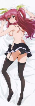 1girl absurdres ass bare_back bare_shoulders bed_sheet black_garter_belt black_garter_straps black_panties black_skirt black_socks black_thighhighs blush bow breasts closed_mouth dakimakura_(medium) dot_mouth embarrassed female_focus full_body garter_belt garter_straps hair_bow hair_ribbon highres large_breasts legs long_hair long_image looking_at_another looking_at_viewer lying miniskirt no_bra official_art on_stomach panties pantyshot pink_hair pleated_skirt rakudai_kishi_no_cavalry red_eyes ribbon sexually_suggestive skirt socks solo solo_focus stella_vermillion thigh_strap thighhighs toes twintails underwear yellow_bow yellow_ribbon zettai_ryouiki